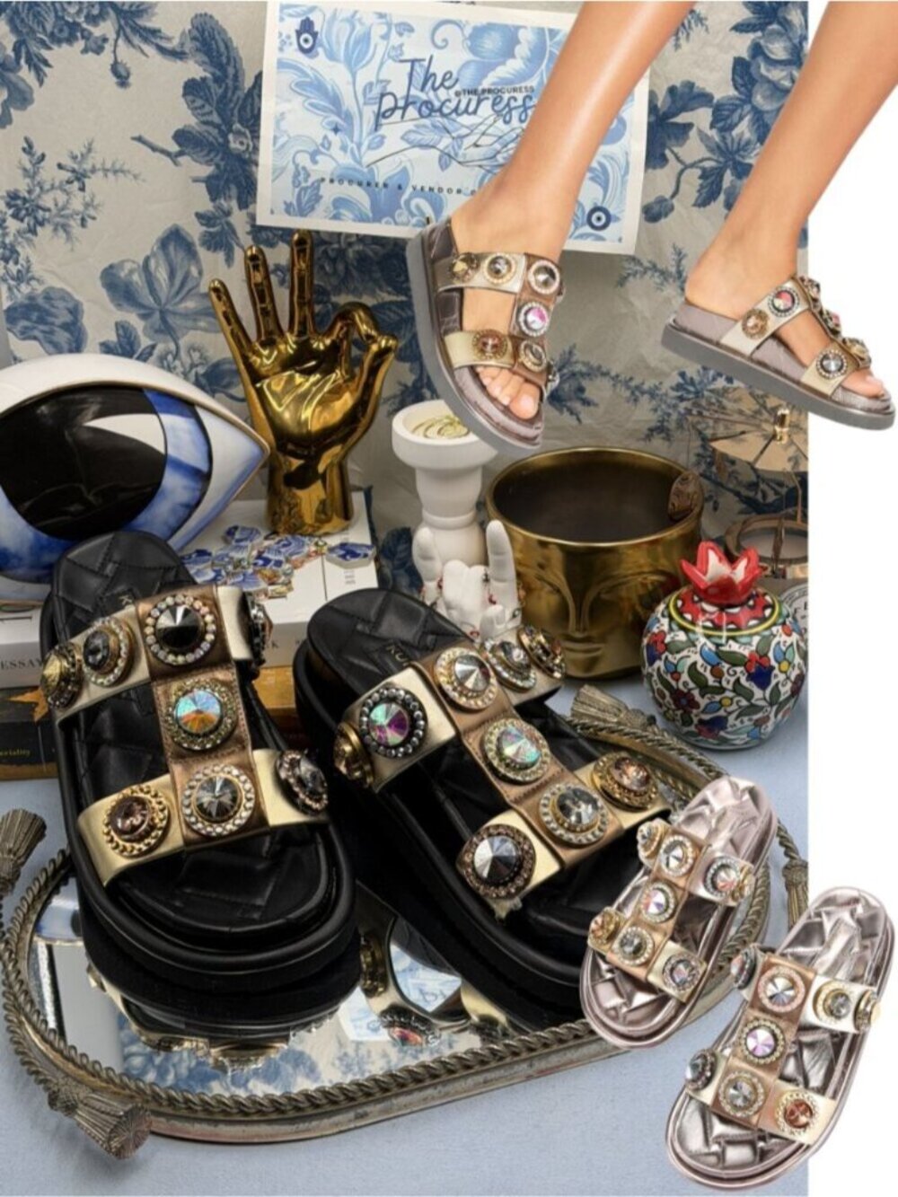 🆕 KURT GEIGER LONDON 🧿 NWOB Orson Bronze & Crystal Studded Sandal Sz 37 US 7